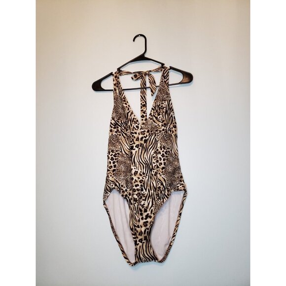 Catalina Other - Vtg Catalina Women M Swimsuit One Piece Cheetah Tiger Animal Print Halter Deep V